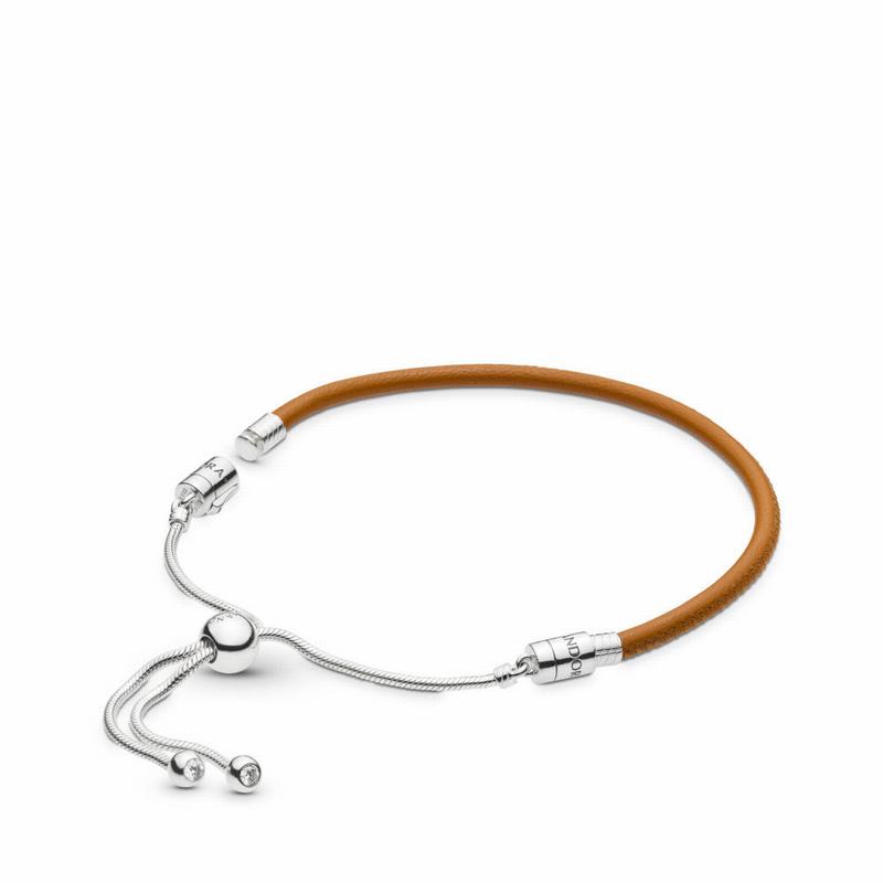 Pandora Sliding Golden Tan Leather Bracelet NZ, Sterling Silver (129478-GJF)